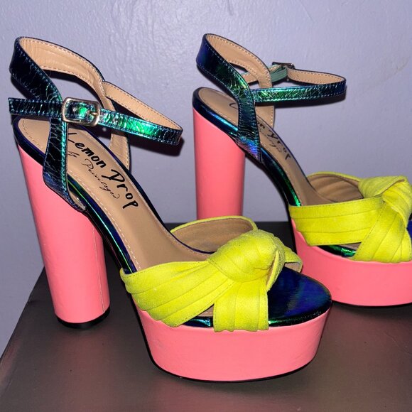 Privileged Lemon Drop Heels Size 7 – Neon Yellow & Pink Platform Sandals, 5.5” - Picture 1 of 6